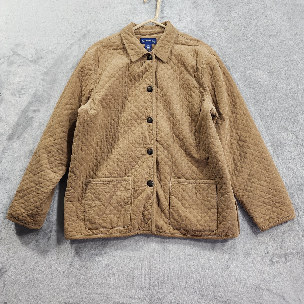 Vintage Charter Club Jacket Womens L Beige Quilted Corduroy Button Front Lined
